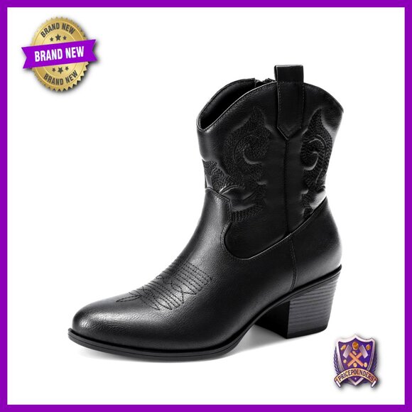 Women's Western Cowboy Booties Low Chunky Heel Embroidered Ankle Boots